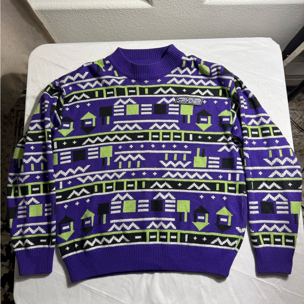 Spyder Vtg 90s Graphic Sweater Mens LRG Purple Green Wool Blend Ski Skate Aztec